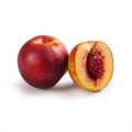 Nectarines, Pair Ã¢â¬â Two Glossy-Skinned, Smooth, Cut Open, Halved Peach Variety Royalty Free Stock Photo